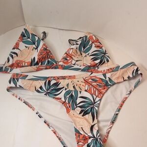 Beachsissi Bikini Palm Leaf Print Women's L 12/14 Green Orange Tan White